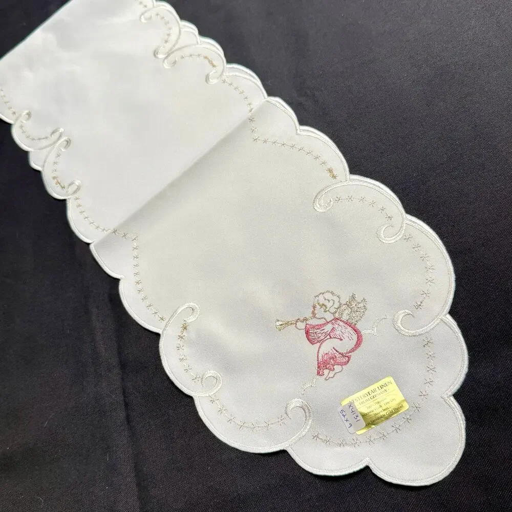 German Embroidered Christmas Table Runner Mat Angels 9x52 Metallic Gold Thread